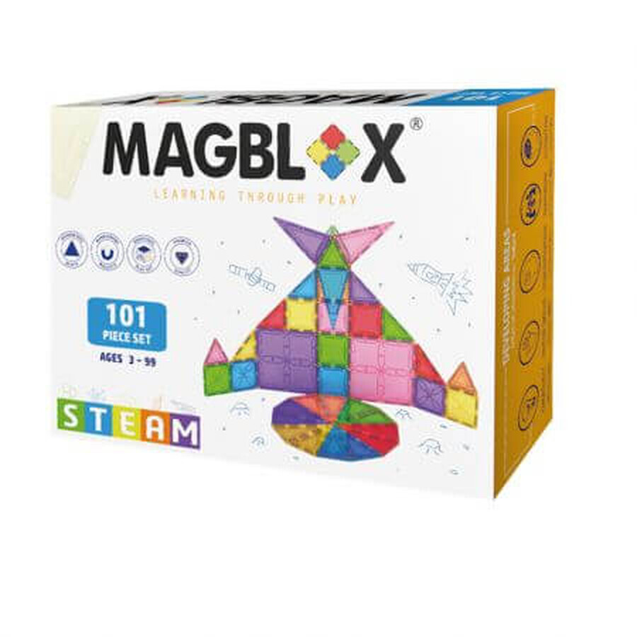 Set piese magnetice transparente pentru constructie, 3 ani+, 101 piese, Magblox