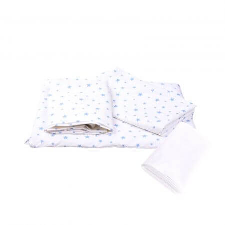 Ensemble de literie 3 pièces + housse imperméable, 120x60 cm, Blue Stars, Fic Baby