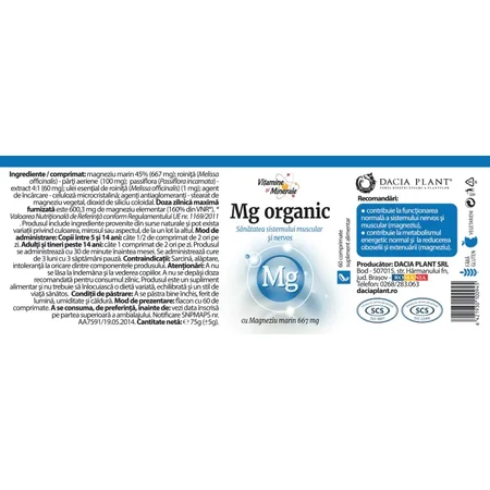 Organisch magnesium, 60 tabletten, Dacia Plant