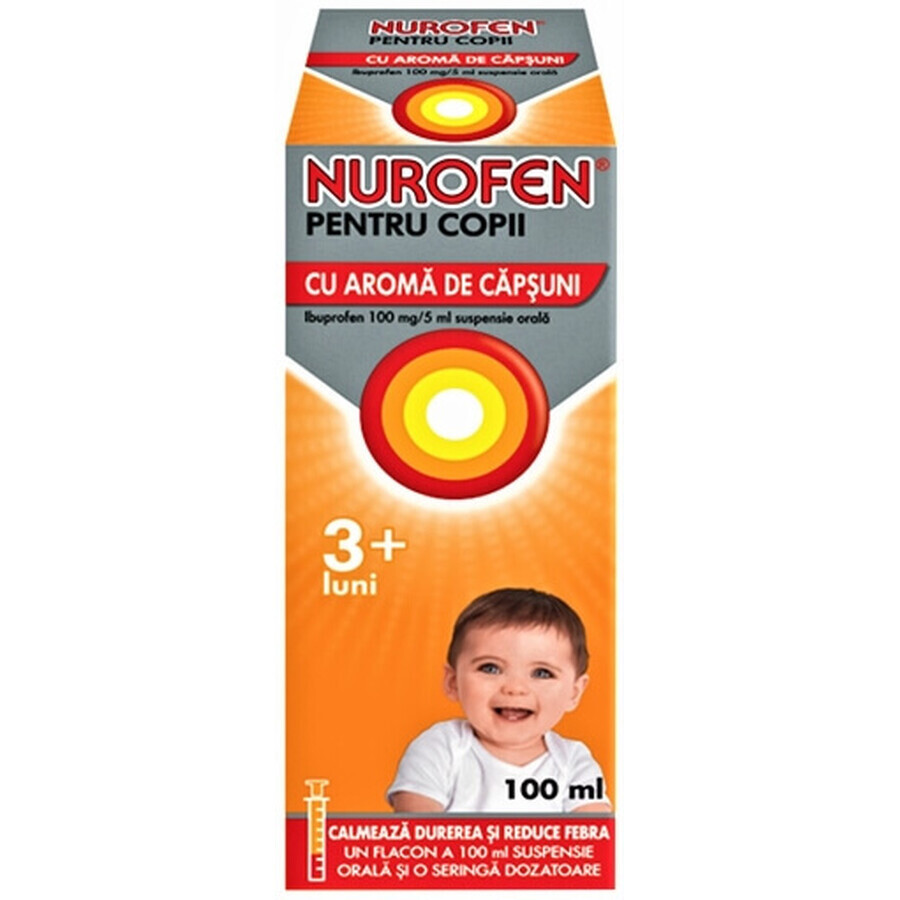 Nurofen 100mg voor kinderen van 3 maanden aardbeiensmaak, 100 ml, Reckitt Benckiser Healthcare