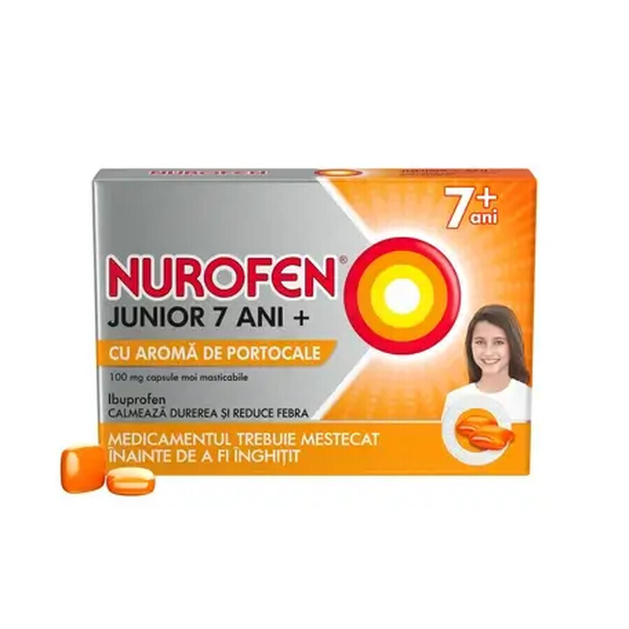 Nurofen Junior 7 jaar+ 100 mg met sinaasappelsmaak, 12 capsules, Reckitt Benckiser
