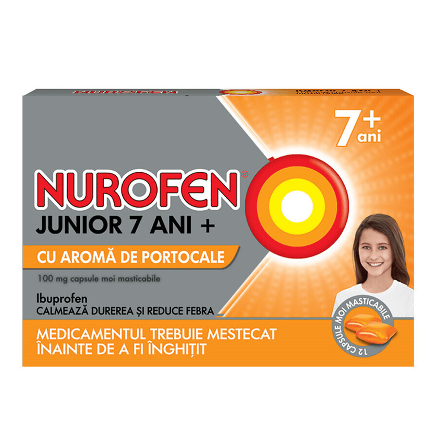 Nurofen Junior 7 jaar+ 100 mg met sinaasappelsmaak, 12 capsules, Reckitt Benckiser