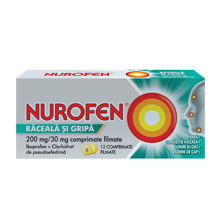 Nurofen rhume et grippe 200 mg, 12 comprimés pelliculés, Reckitt Benckiser Healthcare