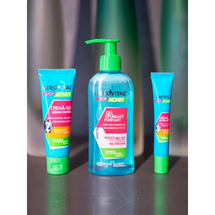 Gerovital Set Stop Akne Schaumgel, 150 ml + Gel Creme Talgkontrolle, 50 ml + Crema ultra-activa, 15 ml, Farmec
