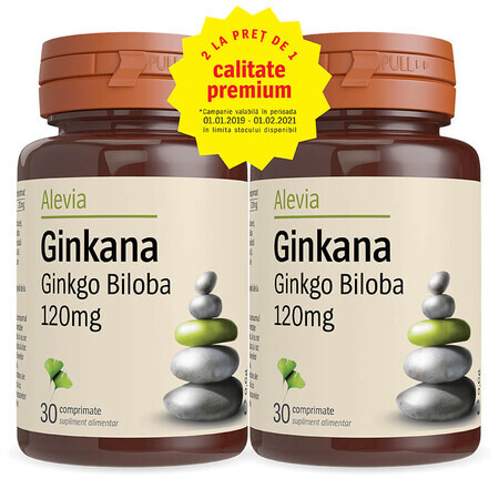 Pack Ginkana Ginkgo Biloba 120mg, 30 comprimés, Alevia (1+1)