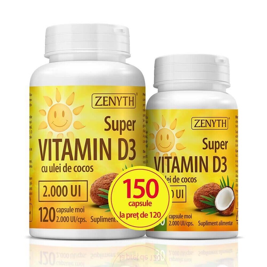 Super Vitamin D3 with coconut oil 2000UI pack, 120 + 30 capsules, Zenyth