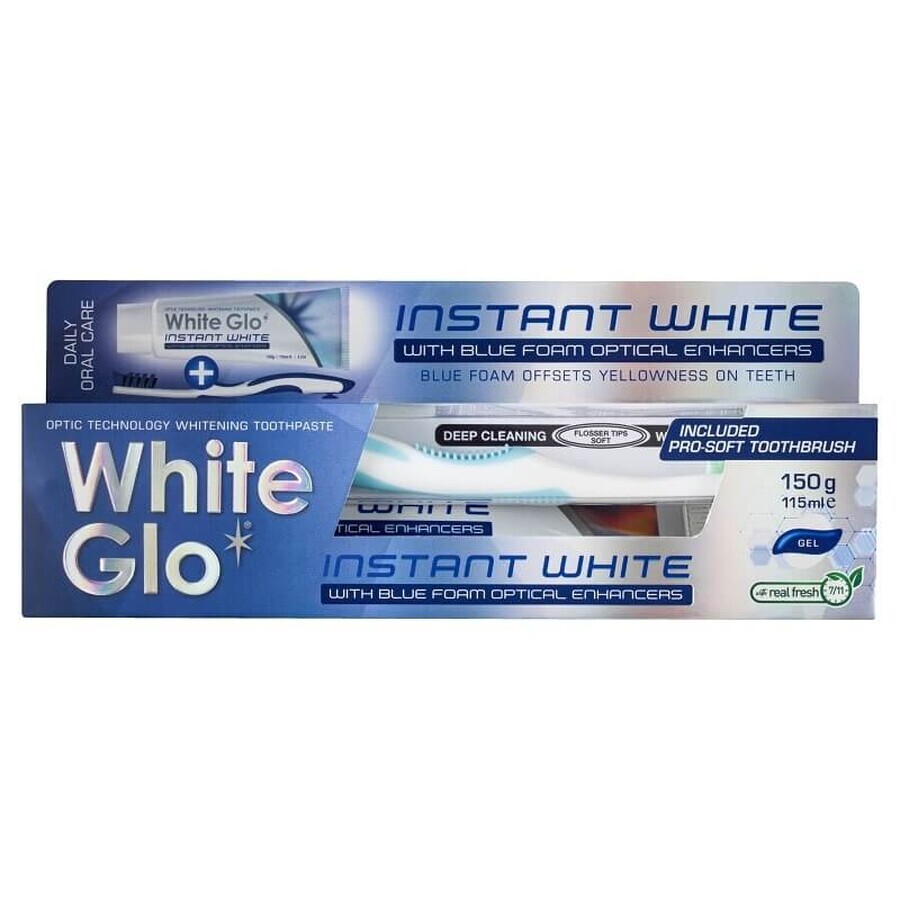 White Glo Dentifricio bianco istantaneo + spazzolino da denti, 150 g, Barros Laboratories