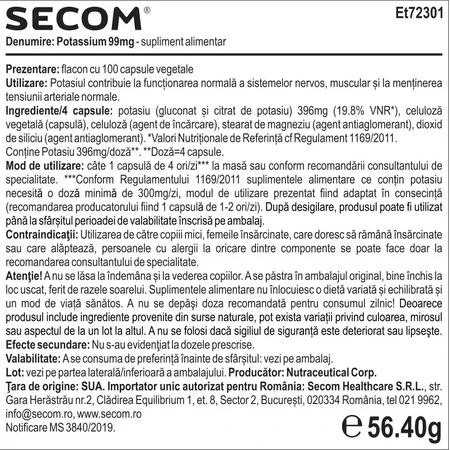 Potassium 99 mg Kal, 100 capsules, Secom