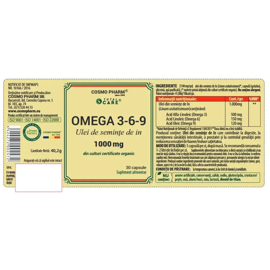 Premium Omega 3-6-9 1000mg Huile de graines de lin, 60 capsules, Cosmopharm
