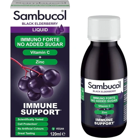 Suikervrije siroop met zwarte vlierbes, vitamine C en zink – Immuno Forte, 120 ml, Sambucol