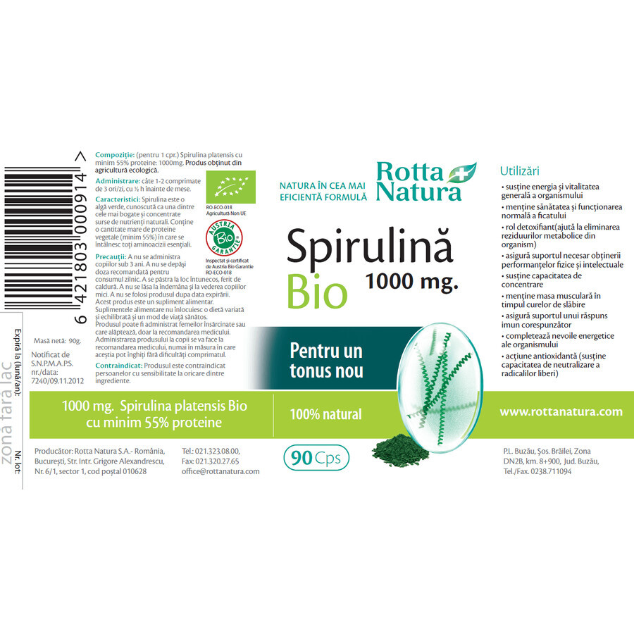 Spiruline Bio 1000 mg, 90 comprimés, Rotta Natura