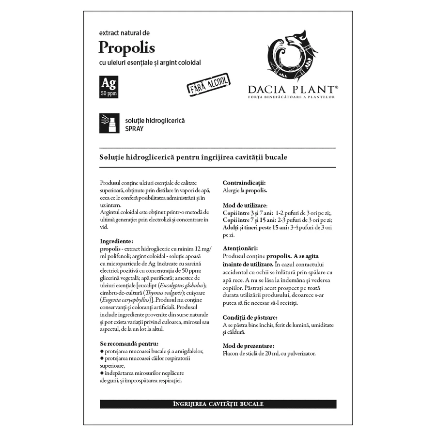 Extracto natural de propóleo en spray con plata coloidal, 20 ml, Dacia Plant