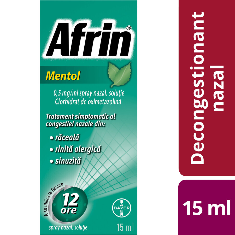 Afrin Menthol 0.5mg/ml No Drip, spray nasal avec pompe doseuse - Traitement rapide de la congestion nasale - 15ml