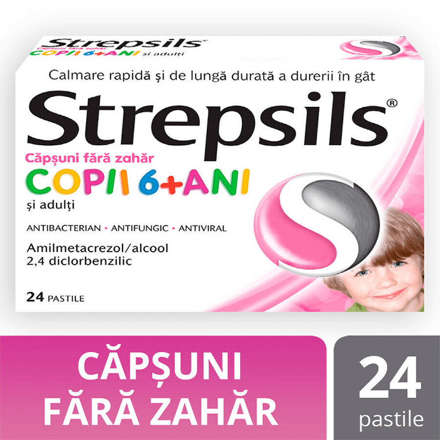Strepsils Suikervrij met aardbeiensmaak kinderen 6+ jaar, 24 tabletten, Reckitt Benckiser Healthcare