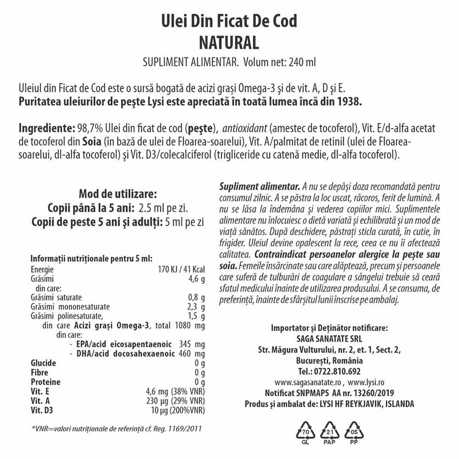 Cod liver oil, 240 ml, Lysi