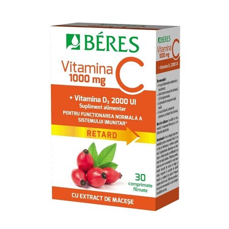 Vitamine C 1000 mg filmomhulde tablet RETARD + Vitamine D3 2000 IE, 30 tabletten, Beres