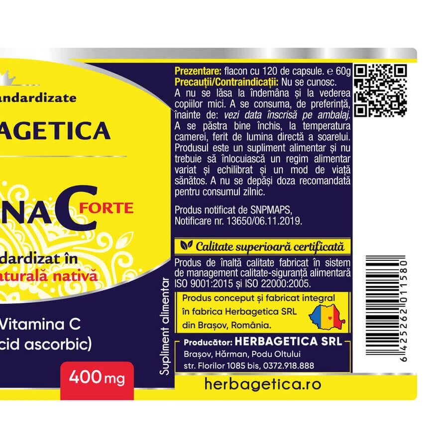 Vitamine C Forte 400 mg, 120 gélules, Herbagetica
