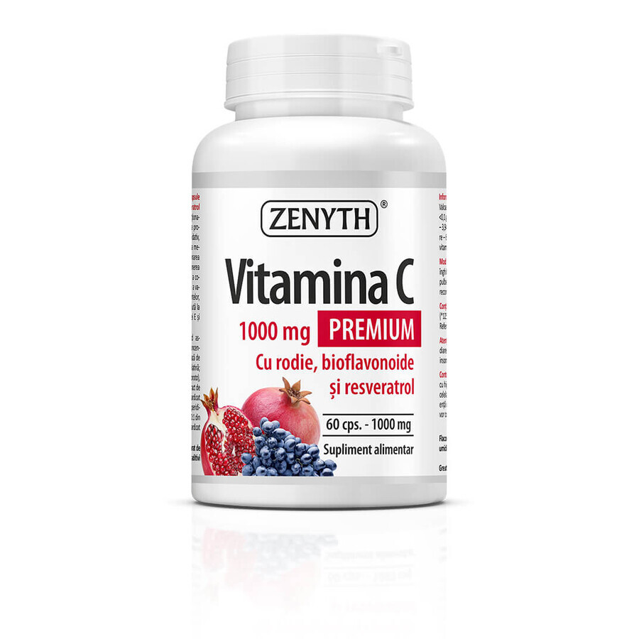 Premium Vitamine C avec grenade, bioflavonoïdes et resvératrol 1000 mg, 60+30 gélules, Zenyth