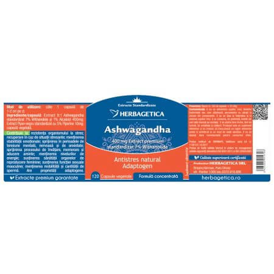 Ashwagandha, 120 Kapseln, Herbagetica