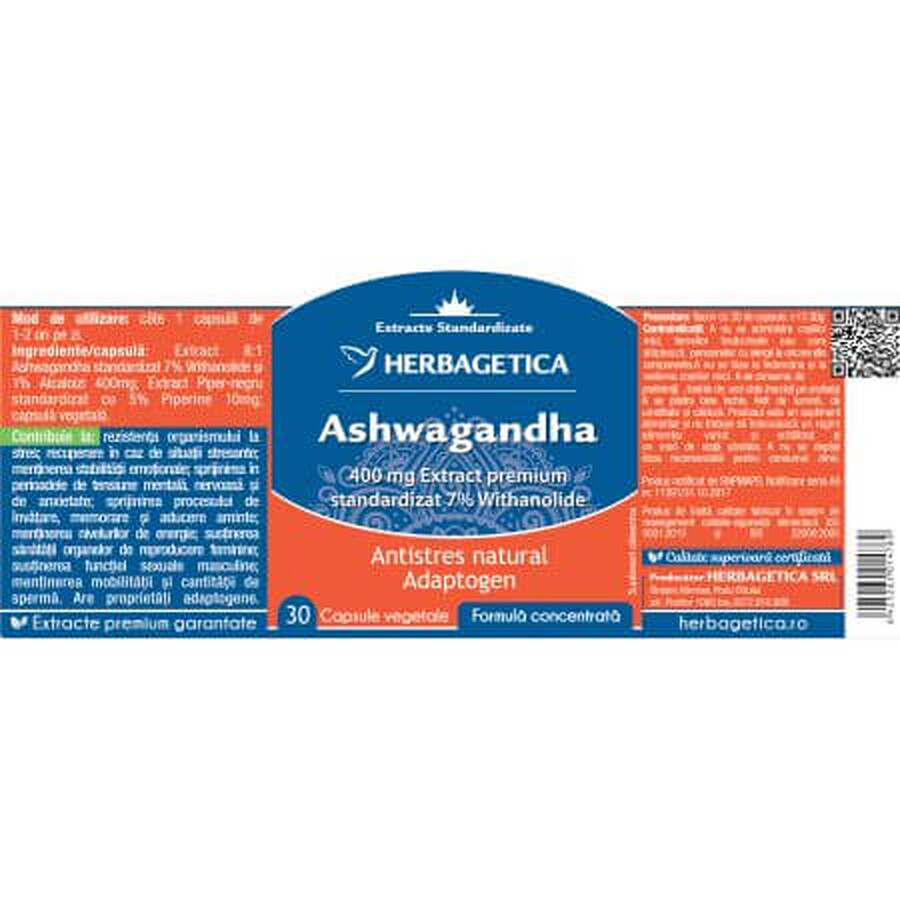 Ashwagandha, 30 gélules, Herbagetica