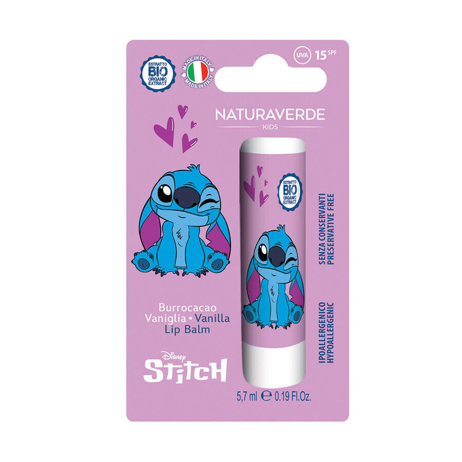 Lippenbalsam mit Lichtschutzfaktor 15 und Stitch-Vanille-Geschmack, 5,7 ml, Naturaverde Kids