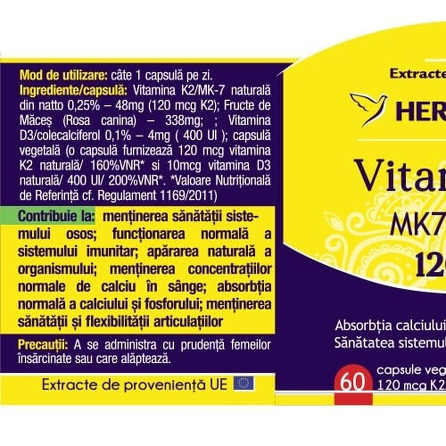 Vitamine K2 MK7 naturelle 120mcg, 60 gélules, Herbagetica