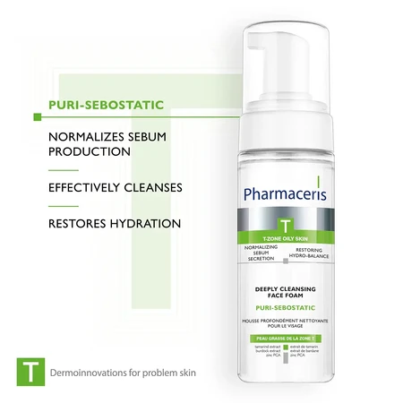 Pharmaceris T Puri-Sebostatic, espuma limpiadora facial de limpieza profunda, restaura el hidroequilibrio, 150 ml