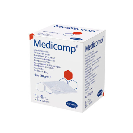 Medicomp, compresses stériles non tissées, 4 couches, 30 g/m2, 5 cm x 5 cm, 50 pièces