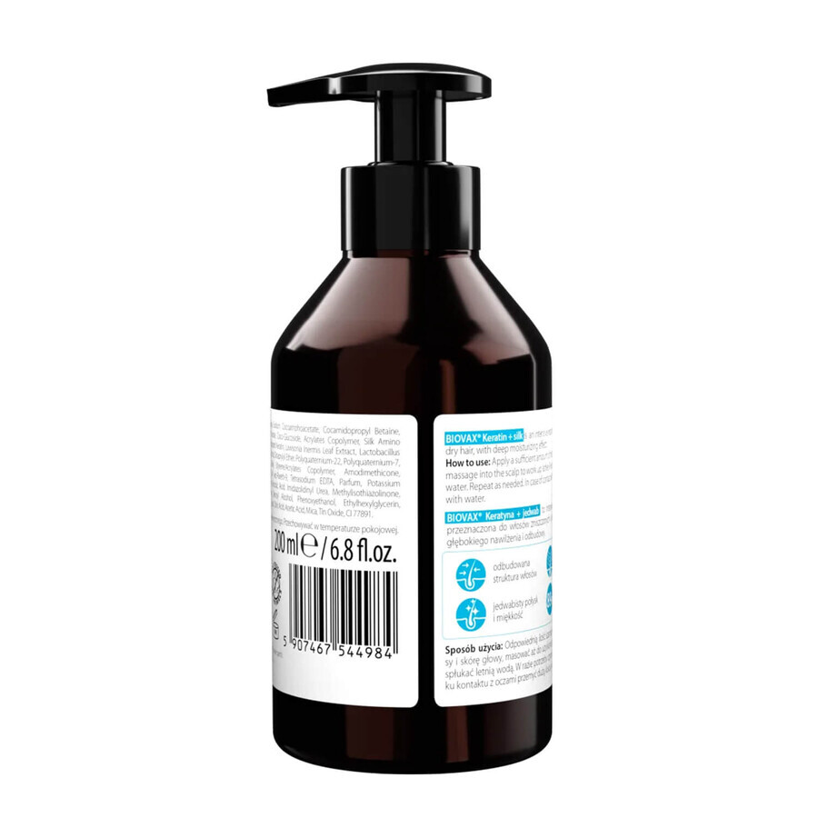 Biovax, shampoing capillaire intensément régénérant, kératine et soie, 200 ml