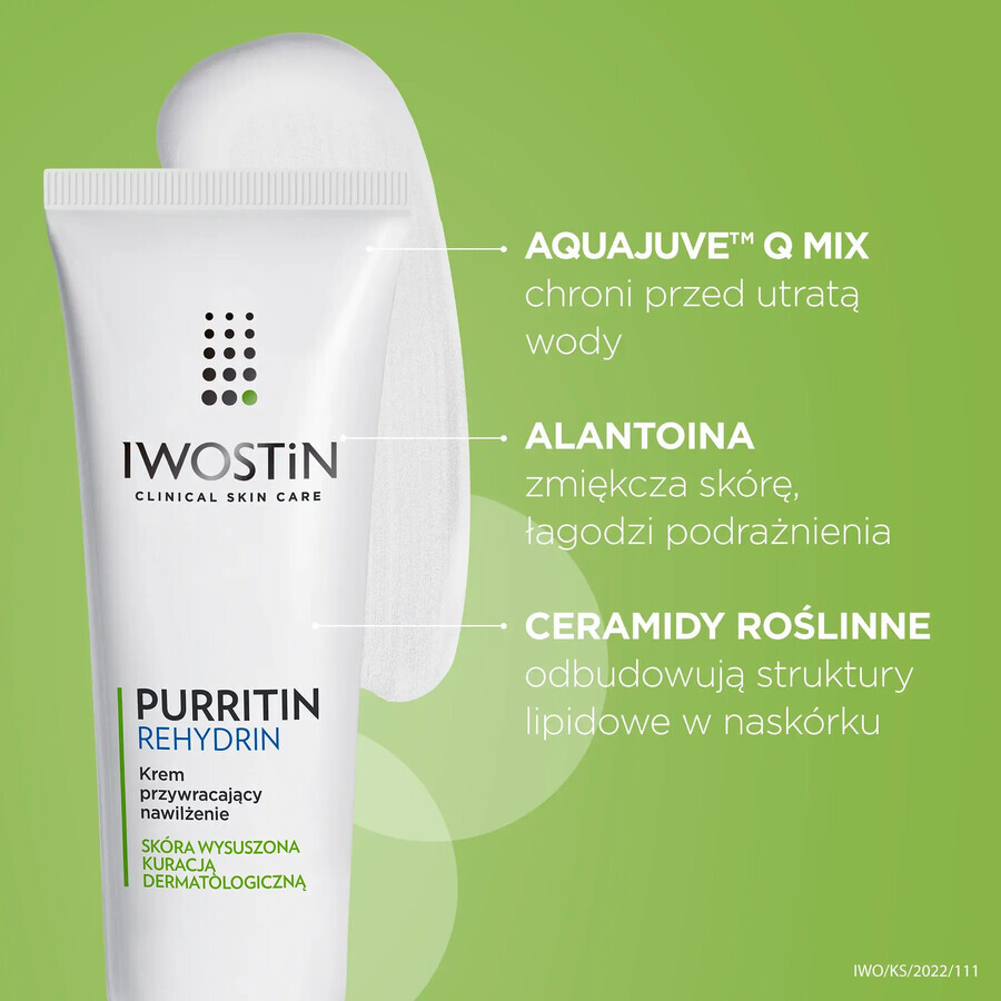 Iwostin Purritin Rehydrin, revitaliserende vochtinbrengende crème, voor de droge huid na dermatologische behandelingen, 40 ml