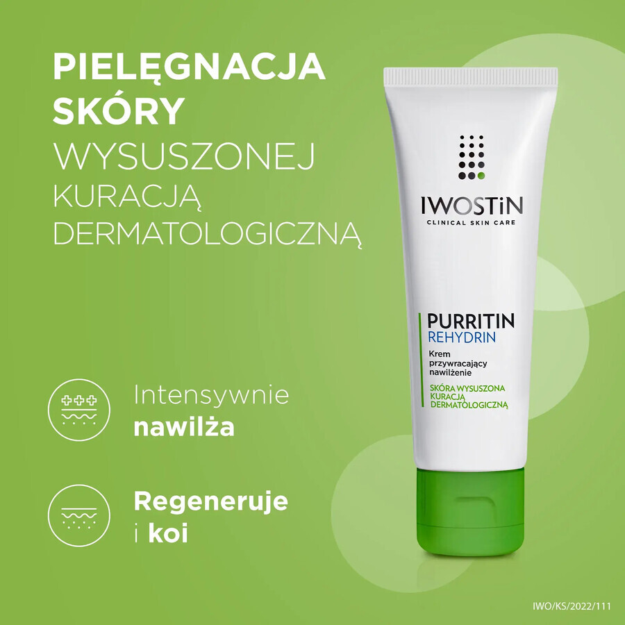 Iwostin Purritin Rehydrin, revitaliserende vochtinbrengende crème, voor de droge huid na dermatologische behandelingen, 40 ml