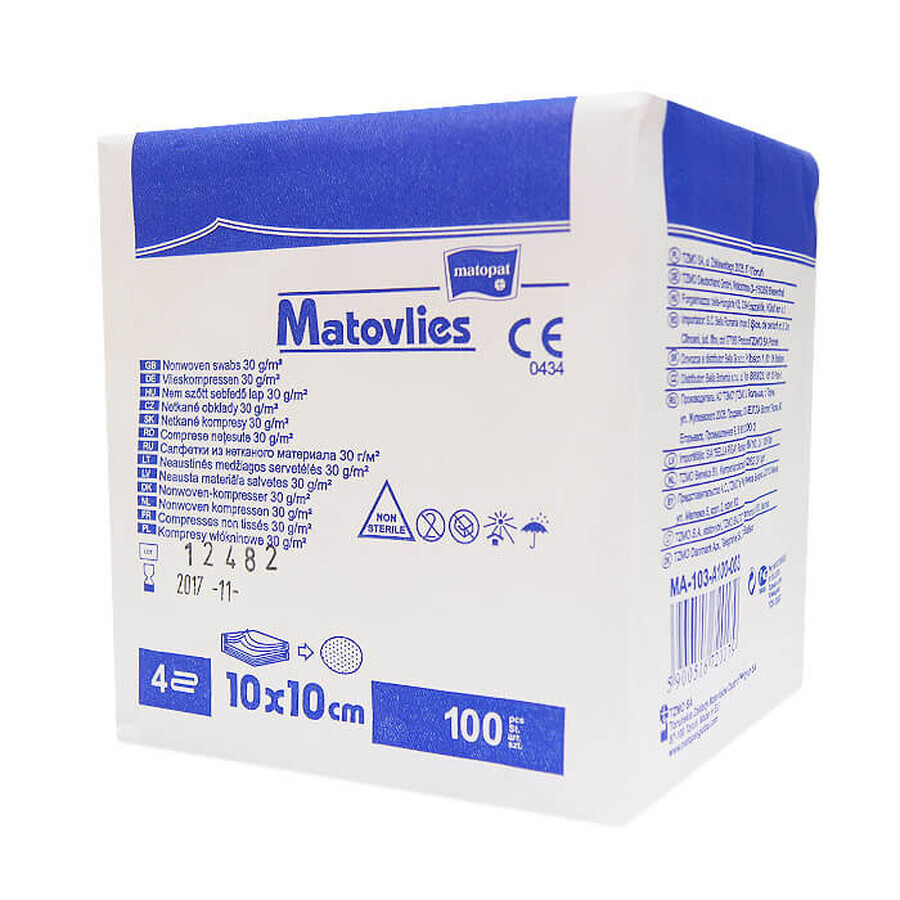 Matopat Matovlies, niet-steriele, vlieskompressen, 4-laags, 30 g/m2, 10 cm x 10 cm, 100 stuks