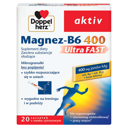 Doppelherz aktiv Magnez-B6 400 UltraFast, citrussmaak, 20 zakjes