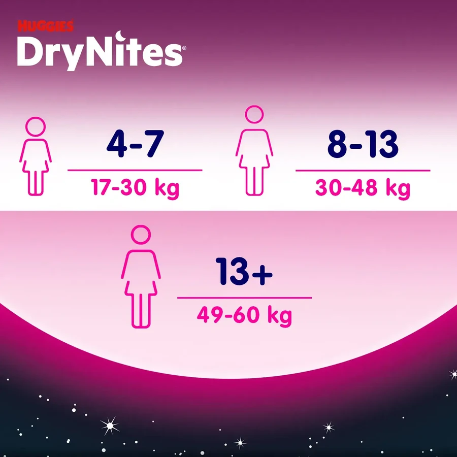 Scutece fetițe DryNites, 8-13 ani, 30-48 kg, 9 bucăți, Huggies