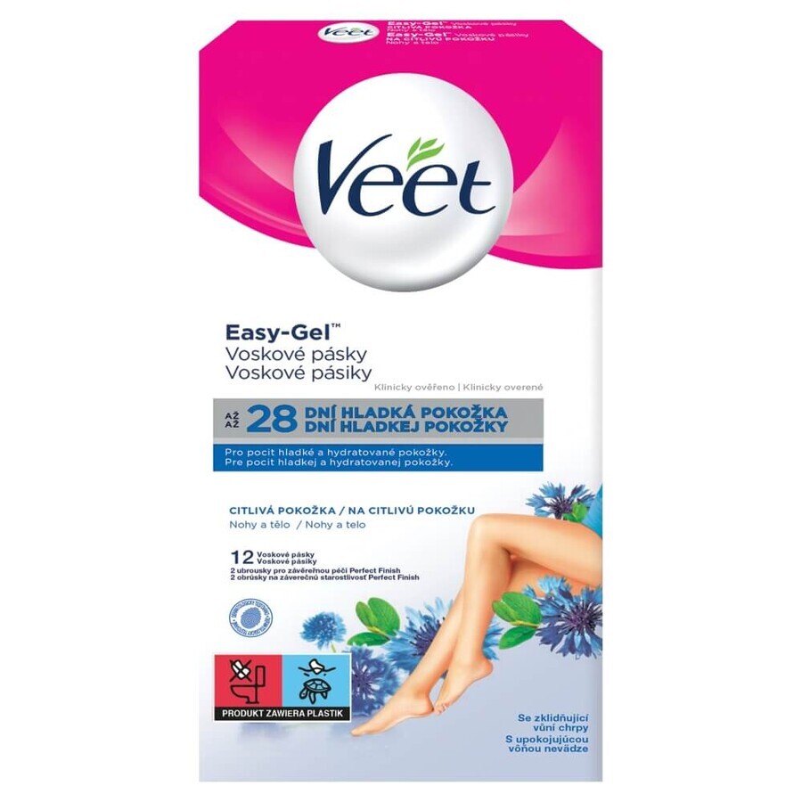 Veet Easy-Gel, plasturi de ceară de corp pentru epilare, piele sensibilă, ulei de migdale dulci, 12 bucăți