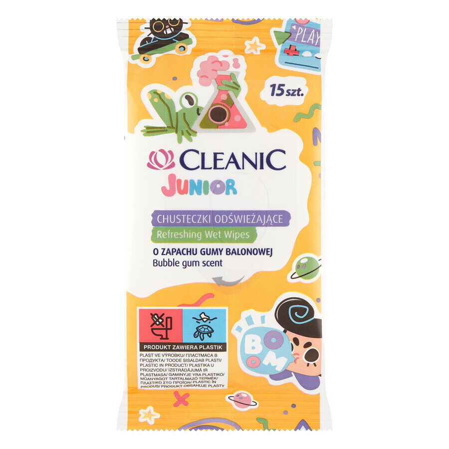 Cleanic Junior, lingettes rafraîchissantes au liquide antibactérien, parfum bubble gum, 15 pièces