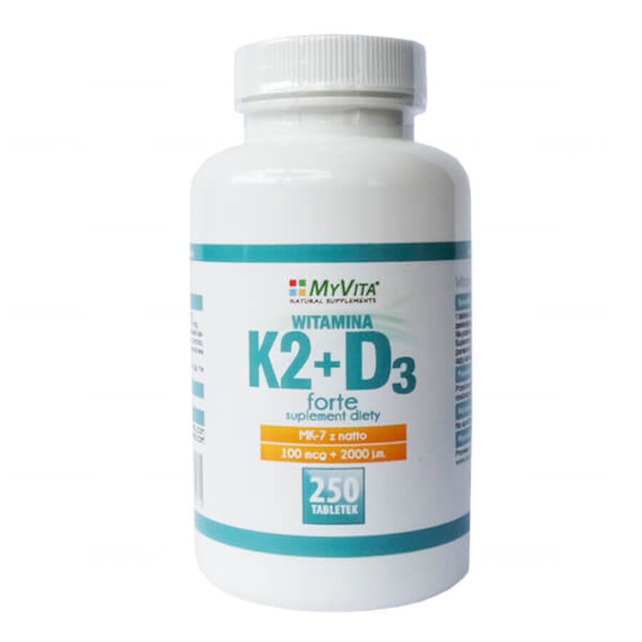 MyVita K2 + D3 Forte, vitamina K2 MK-7 din natto 100 µg + vitamina D 2000 UI, 250 comprimate