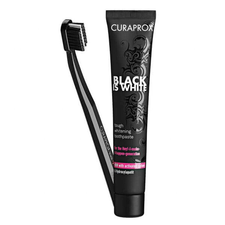 Set Curaprox Black is White, Pastă de dinți de albire, aromă de lămâie și mentă, 90 ml + periuță de dinți CS 5460, 1 bucată