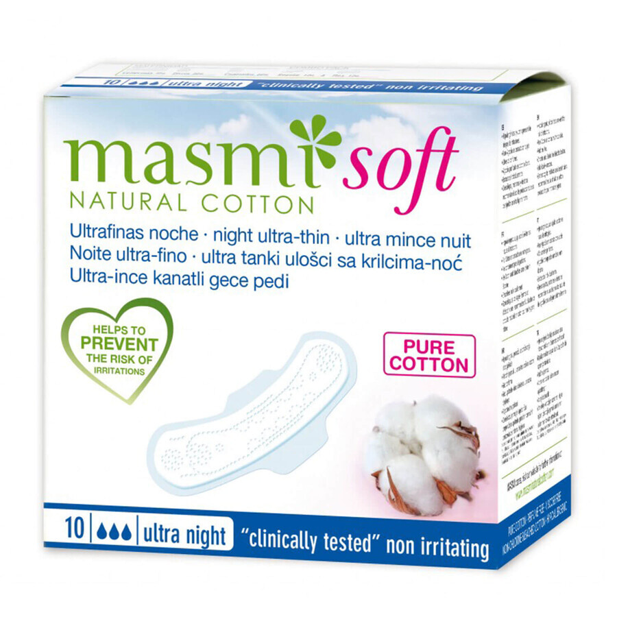 Masmi Soft Ultra Night, ultradun maandverband van biologisch katoen, met vleugels, voor de nacht, 10 stuks