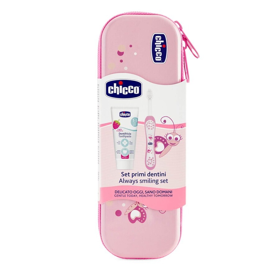 Chicco, tandenborstel + tandpasta, 50 ml + doosje, na 12 maanden, roze