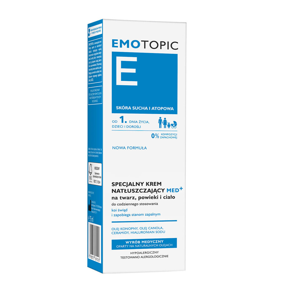 Emotopic E Med+, speciale vochtinbrengende crème voor gezicht, oogleden en lichaam, voor volwassenen en kinderen vanaf 1 dag, droge en atopische huid, 75 ml