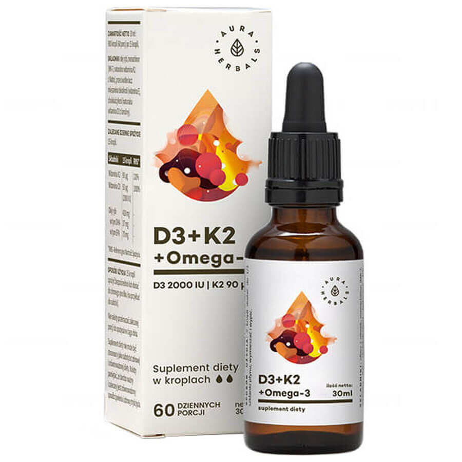 Aura Herbals D3 + K2 MK7 + Omega 3 drops, 30 ml