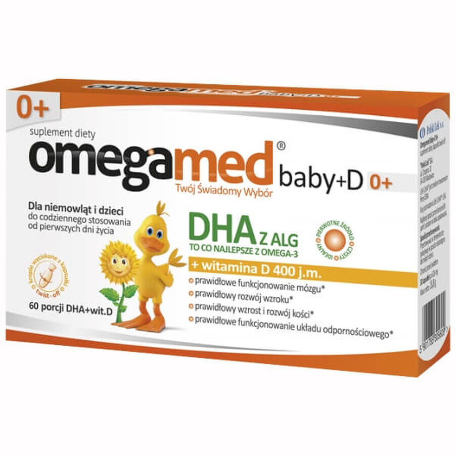 Omegamed Baby+D 0+, DHA + vitamine D, dès la naissance, 60 gélules détachables