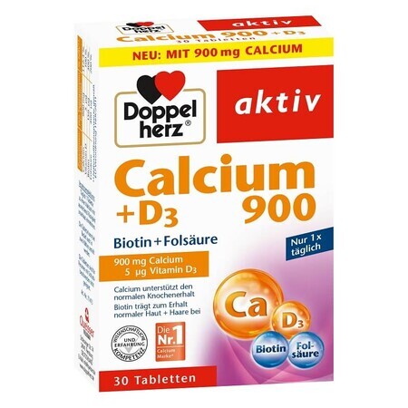 Calcium 900 mg + D3 + Biotin + Folsäure, 30 Tabletten, Doppelherz