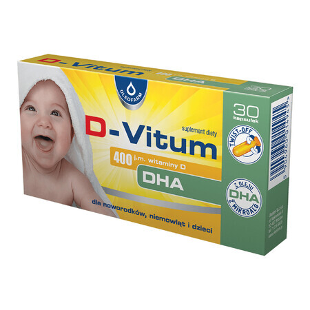 D-Vitum, vitamine D + DHA voor pasgeborenen, zuigelingen en kinderen 400 IE, 30 twist-off capsules