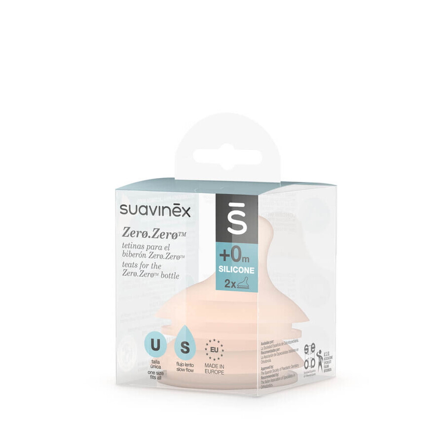 Suavinex Zero Zero Zero, tetină pentru biberon, silicon, anti-colic, debit lent, de la naștere, 2 bucăți