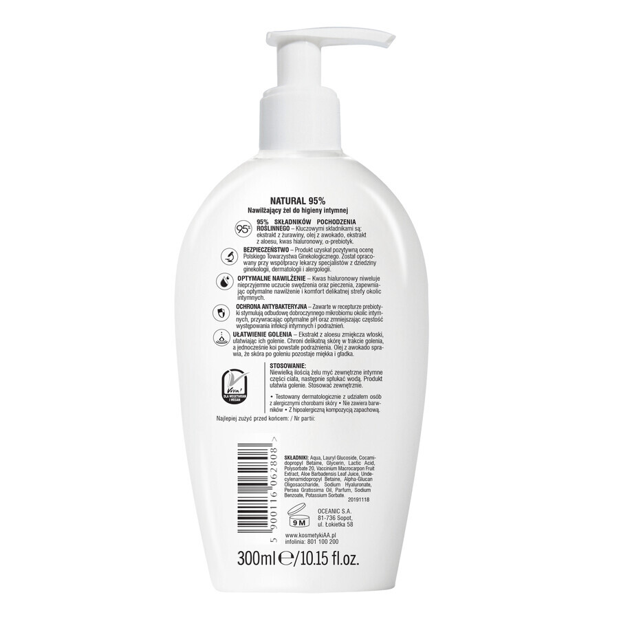 AA Intymna Natural 95%, Bescherming en Verzorging, vochtinbrengende gel voor intieme hygiëne, 300 ml