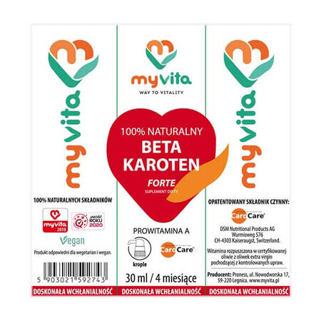 MyVita 100% Natural Beta Carotene, Provitamin A, gouttes, 30 ml