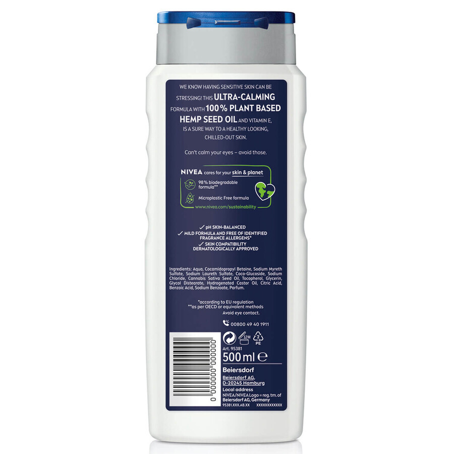 Nivea Men Sensitive Pro, 3 in 1 shower gel for face, body and hair, with hemp oil, Ultra-Calming, 500 ml