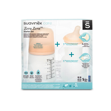 Suavinex Zero Zero Zero Set Anti-Colic Baby Bottle with Adjustable Flow Teat and Spare Bag From Birth 180ml